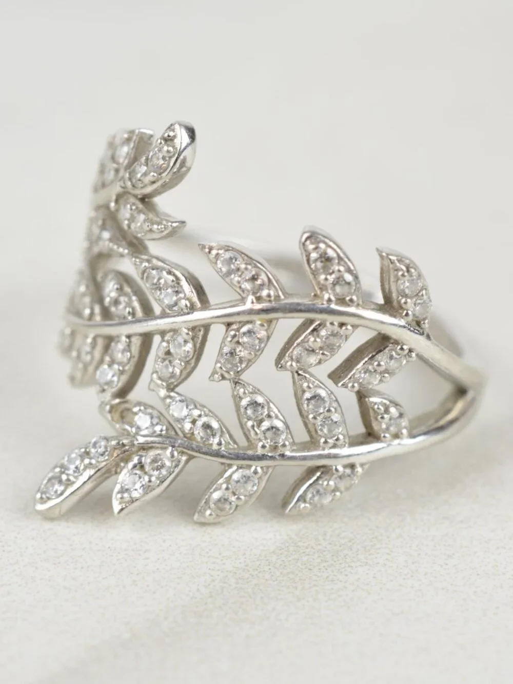 Kiera 925 Sterling Silver CZ Leaf Wrap Bypass Ring Size 7.75 Olive Branch 3.9g
